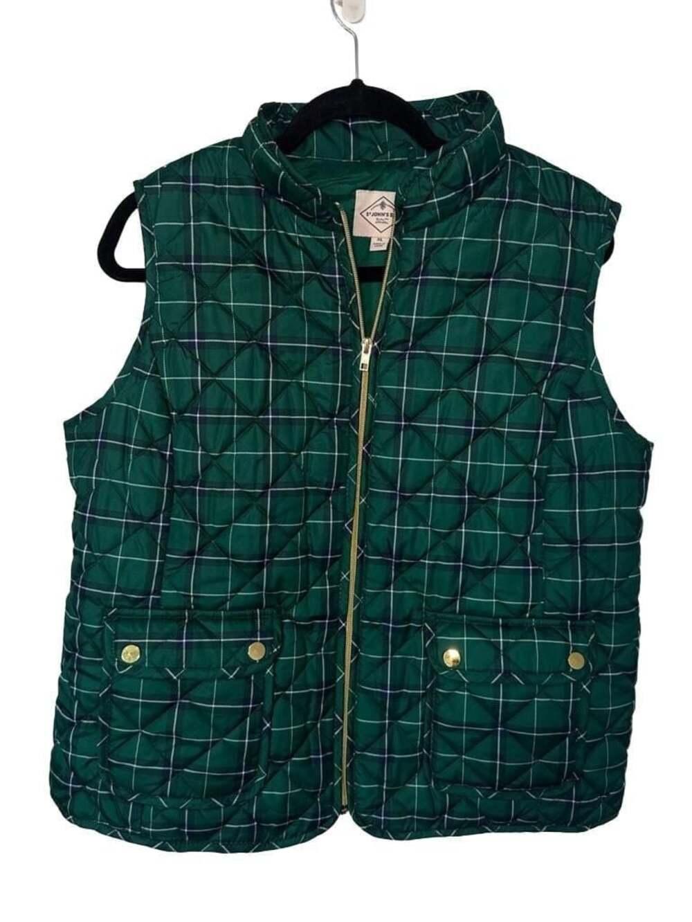 St Johns Bay Women's PL Petite Puffer Vest Green Vixen Plaid Quilted Sleeveless